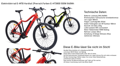 Elektrofahrrad E-MTB Hardtail 29&quot; E-HT3800 500W Gelb 840Wh