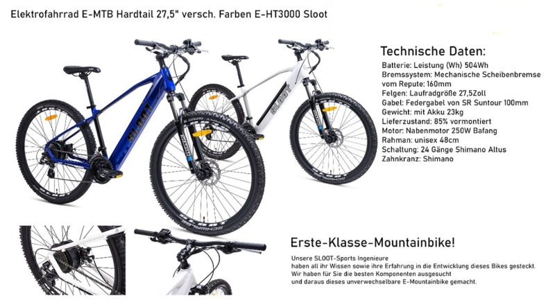 E-Bike E-MTB Hardtail 27,5&quot; different colors E-HT1001 504Wh