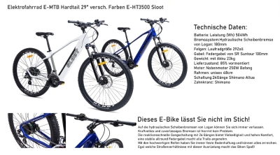 E-Bike E-MTB Hardtail 27,5&quot; different colors E-HT1001 504Wh