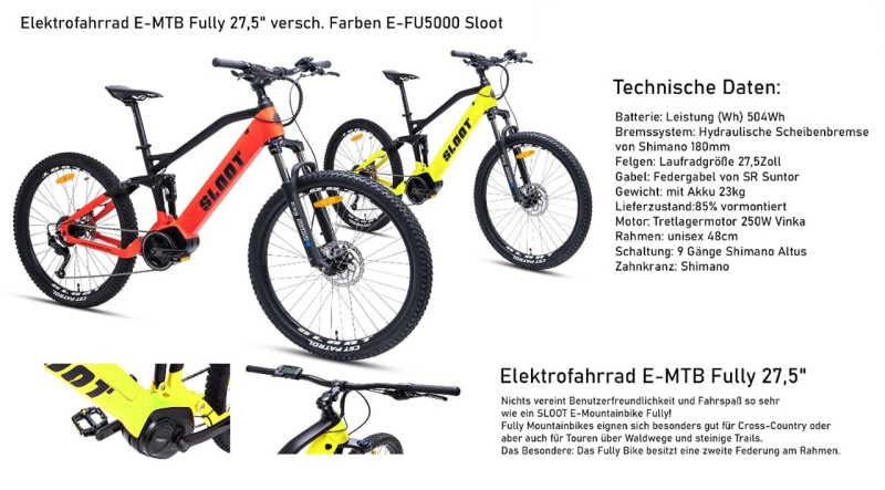 Elektrofahrrad E-MTB Fully 27,5&quot; E-FU5000 Gelb