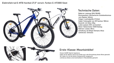 Elektrofahrrad E-MTB Hardtail 27,5&quot; E-HT3000 Blau 504Wh