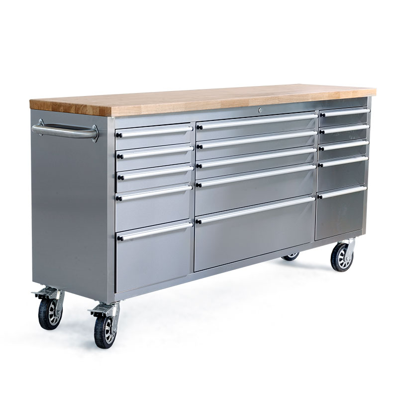 Stainless steel workshop cart tool cart rollable 15 drawers wood board