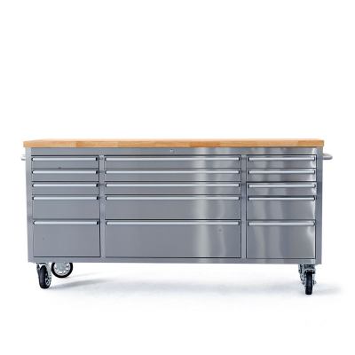 Stainless steel workshop cart tool cart rollable 15 drawers wood board